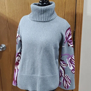 Cabi grey purple floral wide sleeve cowl neck knit sweater